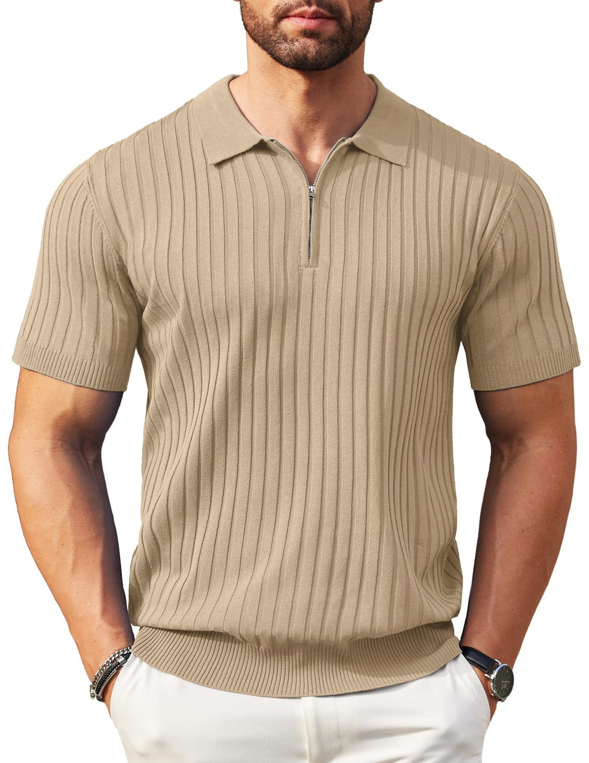 Men's Zip-Up Short-Sleeve Polo Shirt – Rib-Knit — view 10