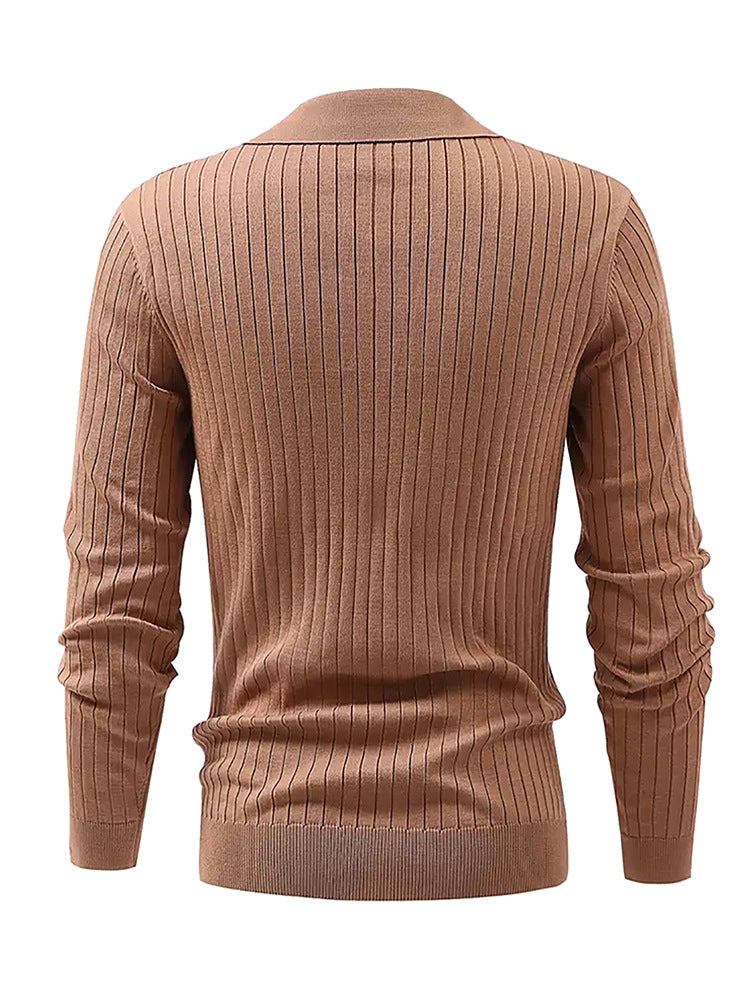 Men's Slim Knit Polo Shirt – Waffle Lapel Texture, Long Sleeve