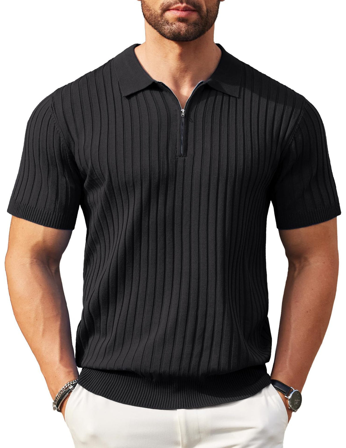 Men's Zip-Up Short-Sleeve Polo Shirt – Rib-Knit — view 7