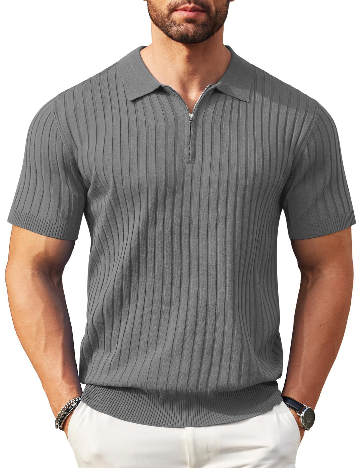 Men's Zip-Up Short-Sleeve Polo Shirt – Rib-Knit — view 11