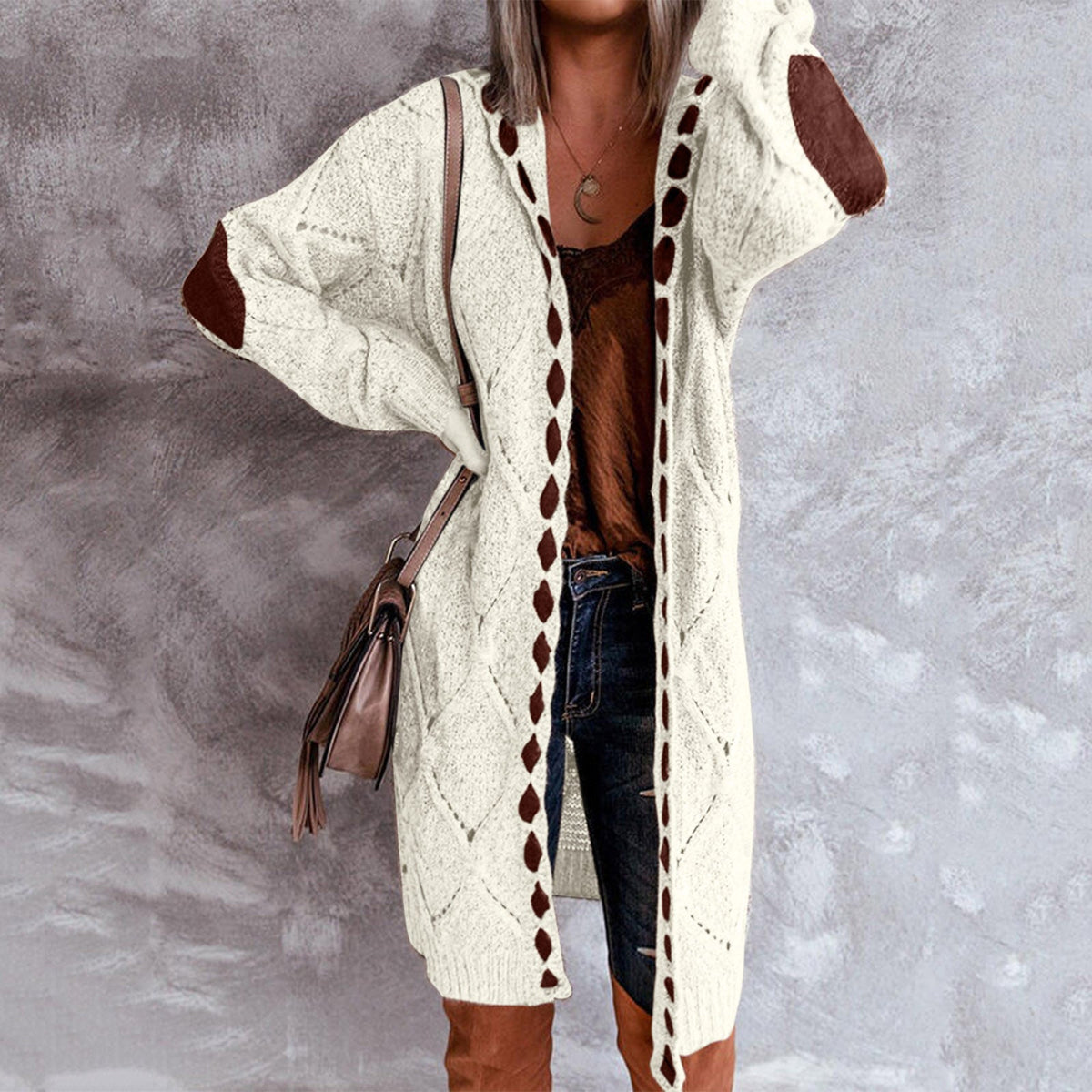Women's Long Open-Front Knit Cardigan – Contrast Patchwork