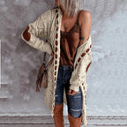 Women's Long Open-Front Knit Cardigan – Contrast Patchwork