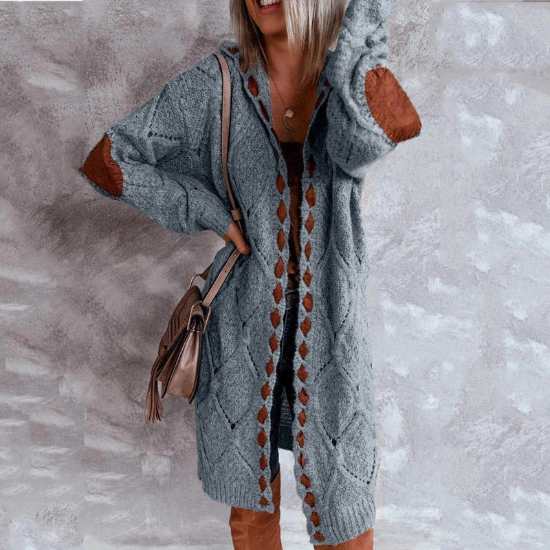 Women's Long Open-Front Knit Cardigan – Contrast Patchwork