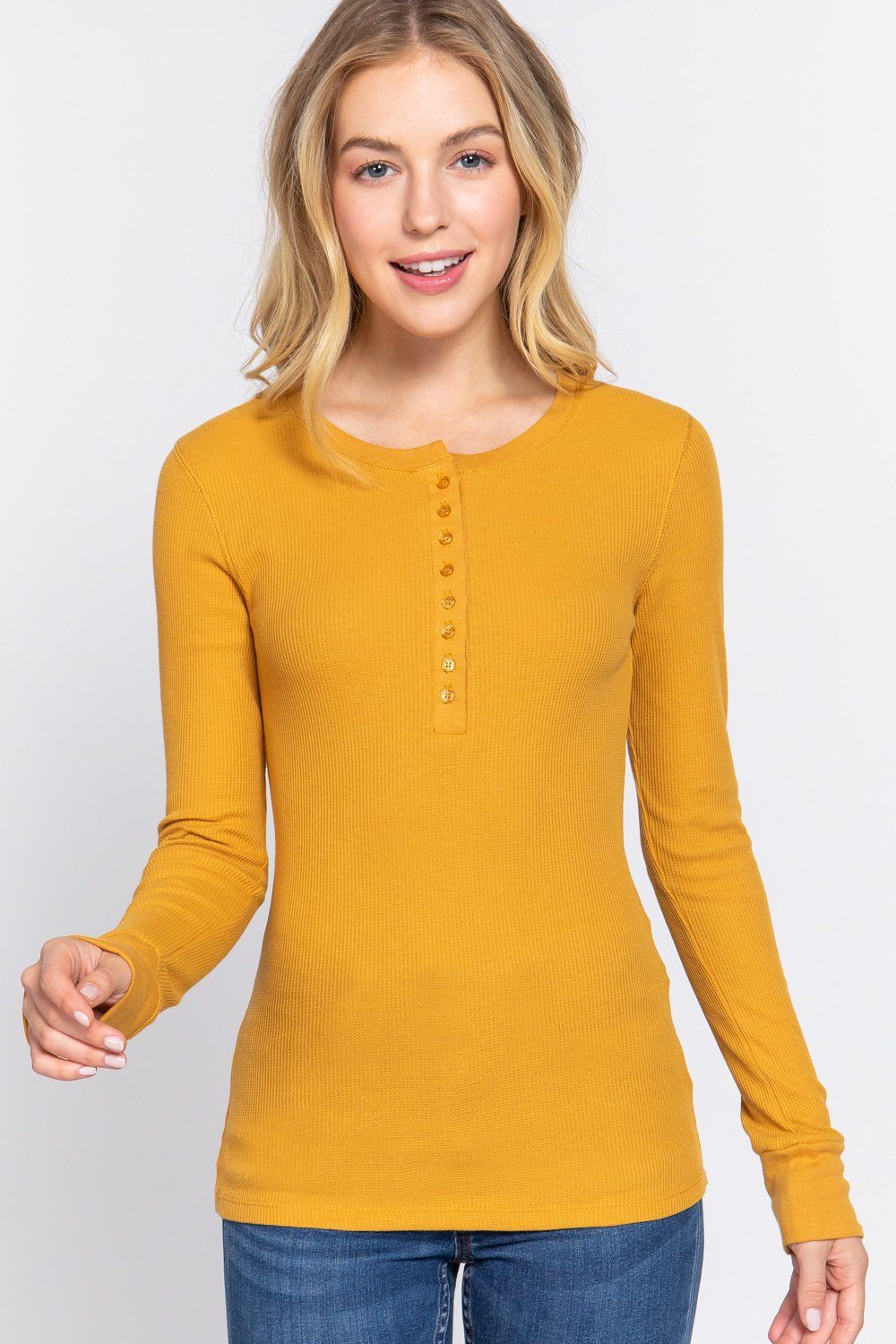 Women's Long Sleeve Henley Thermal Knit Top