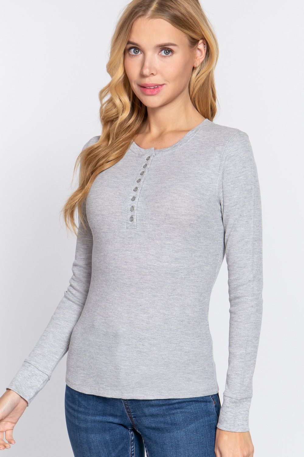 Women's Long Sleeve Henley Thermal Knit Top