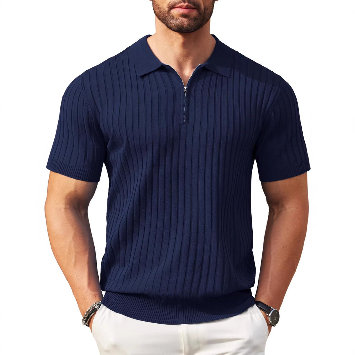 Men's Zip-Up Short-Sleeve Polo Shirt – Rib-Knit — view 4