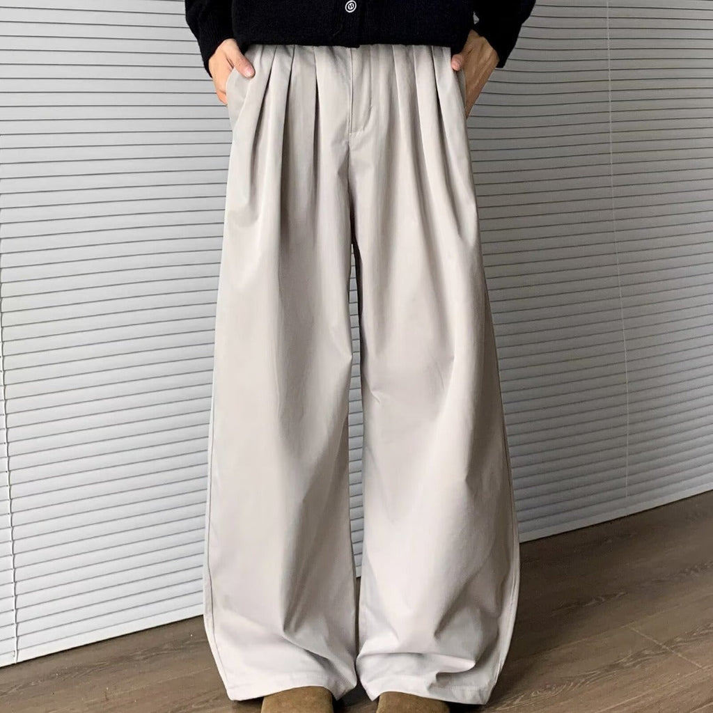 Men's Wide-Leg Pleated Trousers – Elastic Waist