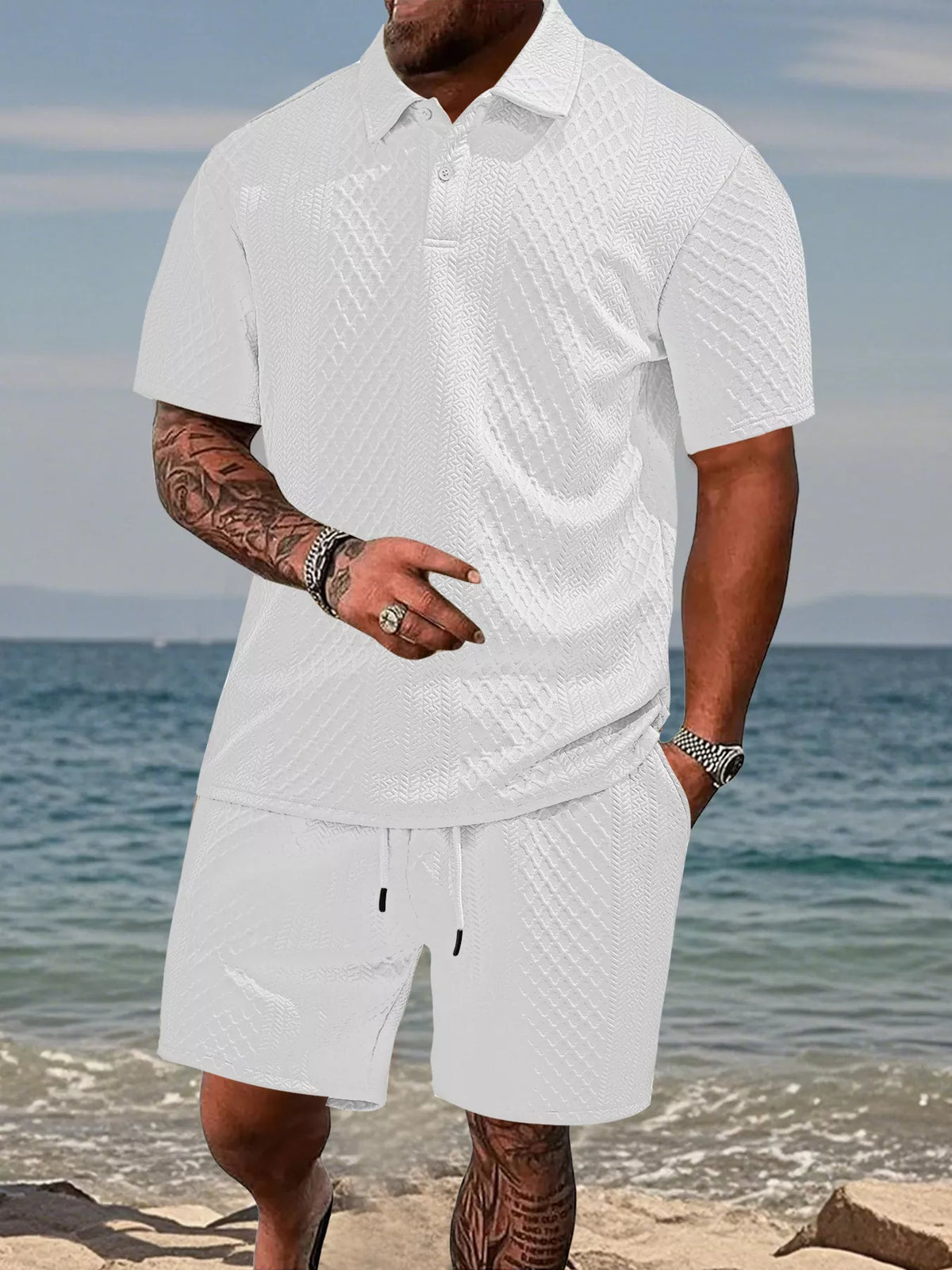 Men's Textured Knit Polo & Shorts Set — view 4
