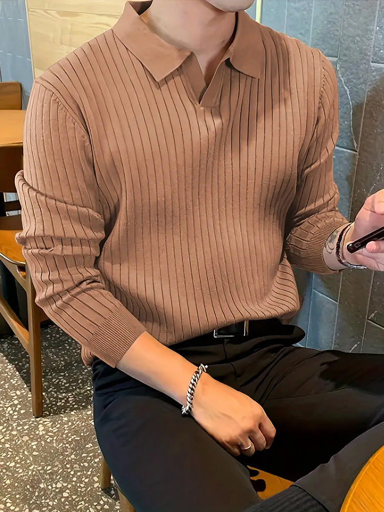Men's Slim Knit Polo Shirt – Waffle Lapel Texture, Long Sleeve