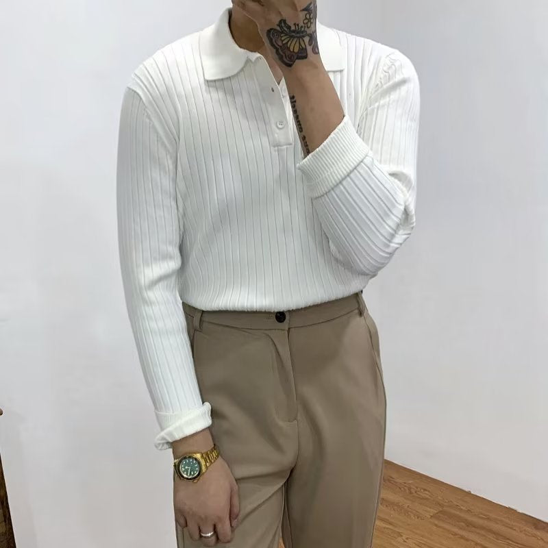 Men's Slim Knit Polo Shirt – Waffle Lapel Texture, Long Sleeve