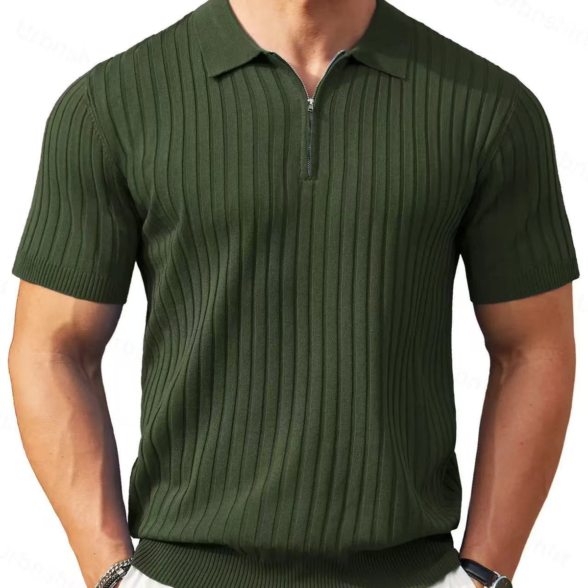 Men's Zip-Up Short-Sleeve Polo Shirt – Rib-Knit — view 13