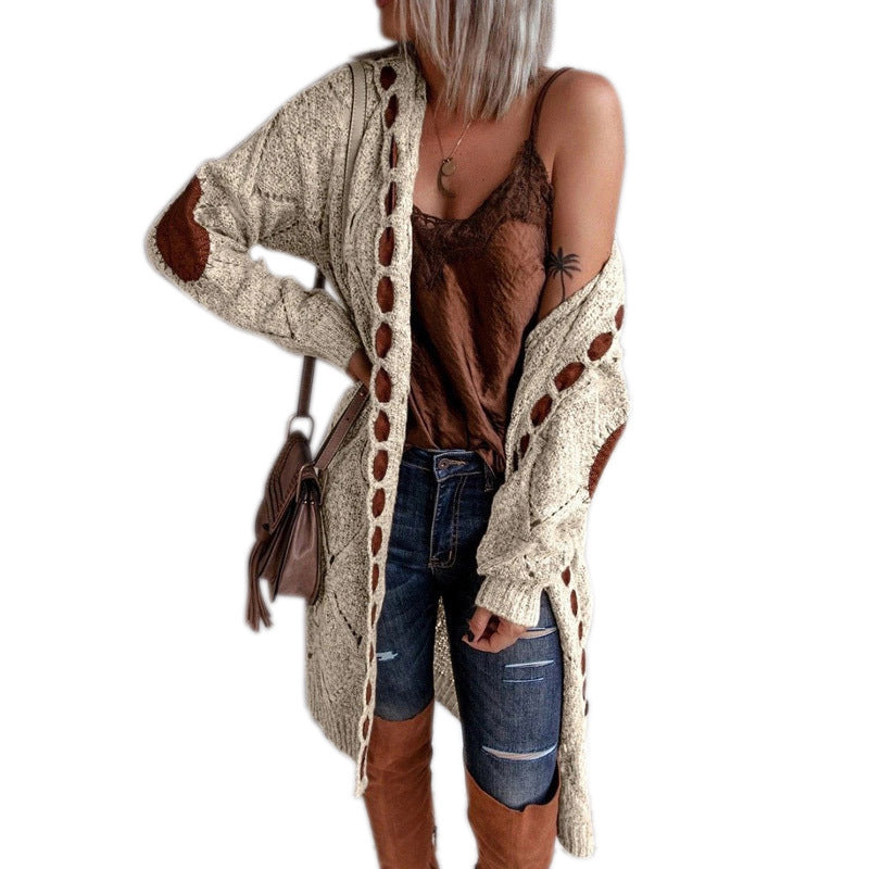 Women's Long Open-Front Knit Cardigan – Contrast Patchwork
