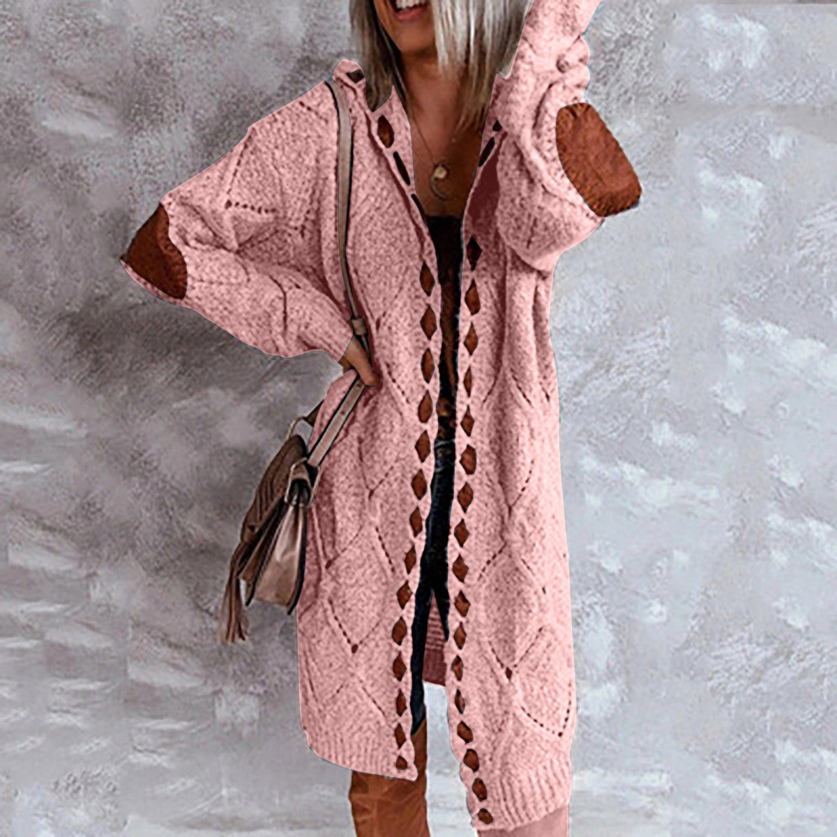 Women's Long Open-Front Knit Cardigan – Contrast Patchwork
