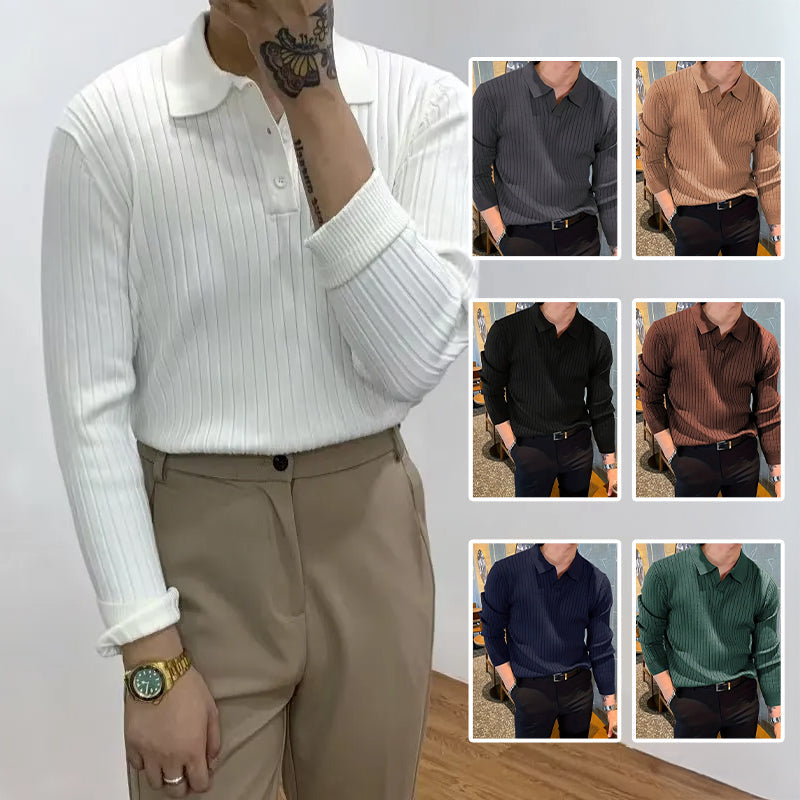 Men's Slim Knit Polo Shirt – Waffle Lapel Texture, Long Sleeve