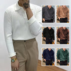 Men's Slim Knit Polo Shirt – Waffle Lapel Texture, Long Sleeve