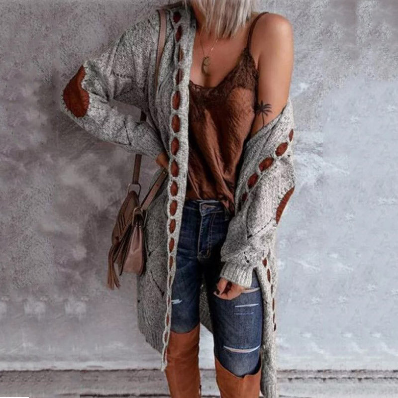 Women's Long Open-Front Knit Cardigan – Contrast Patchwork