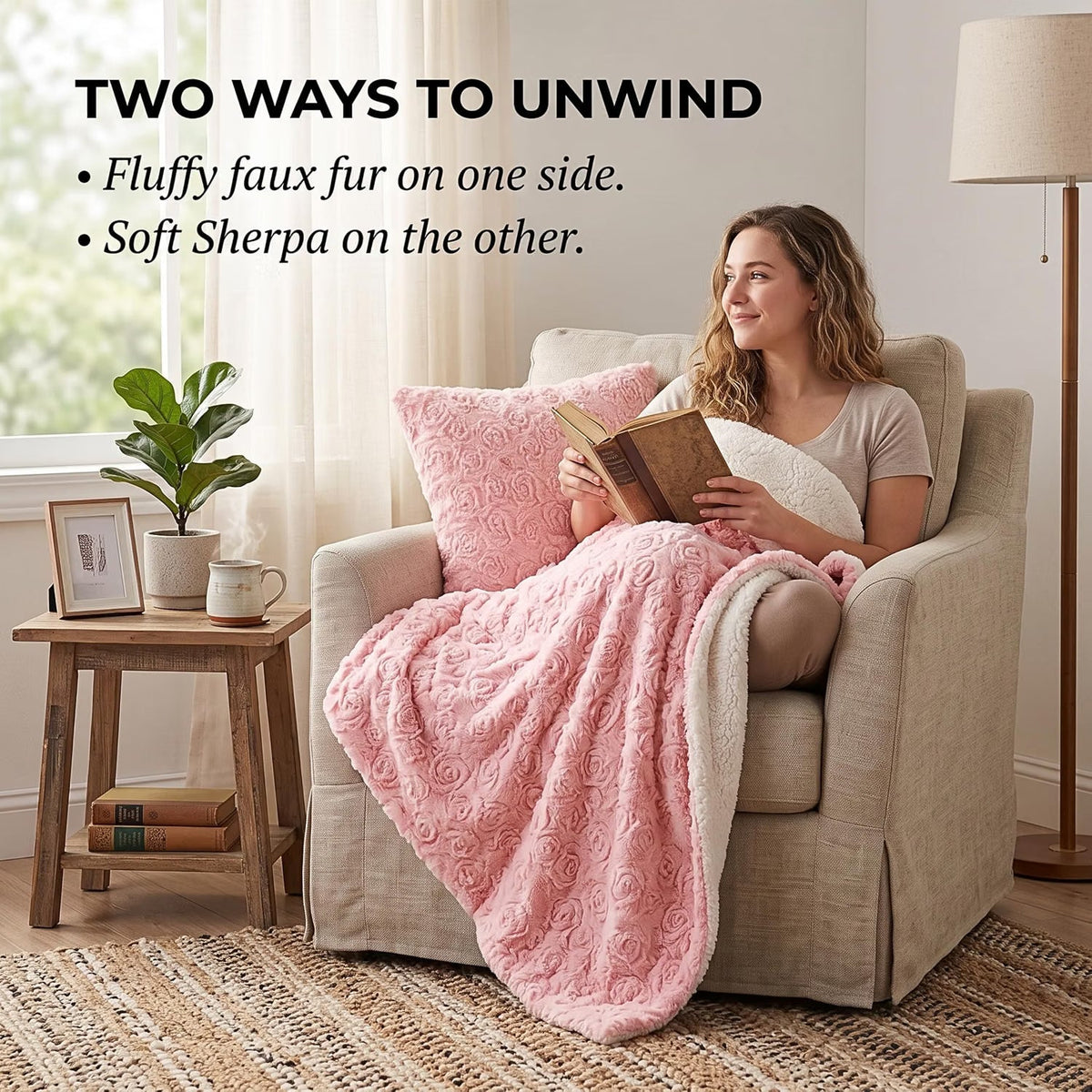 Rose Buds Sherpa Throw Blanket – Pink Floral, Reversible