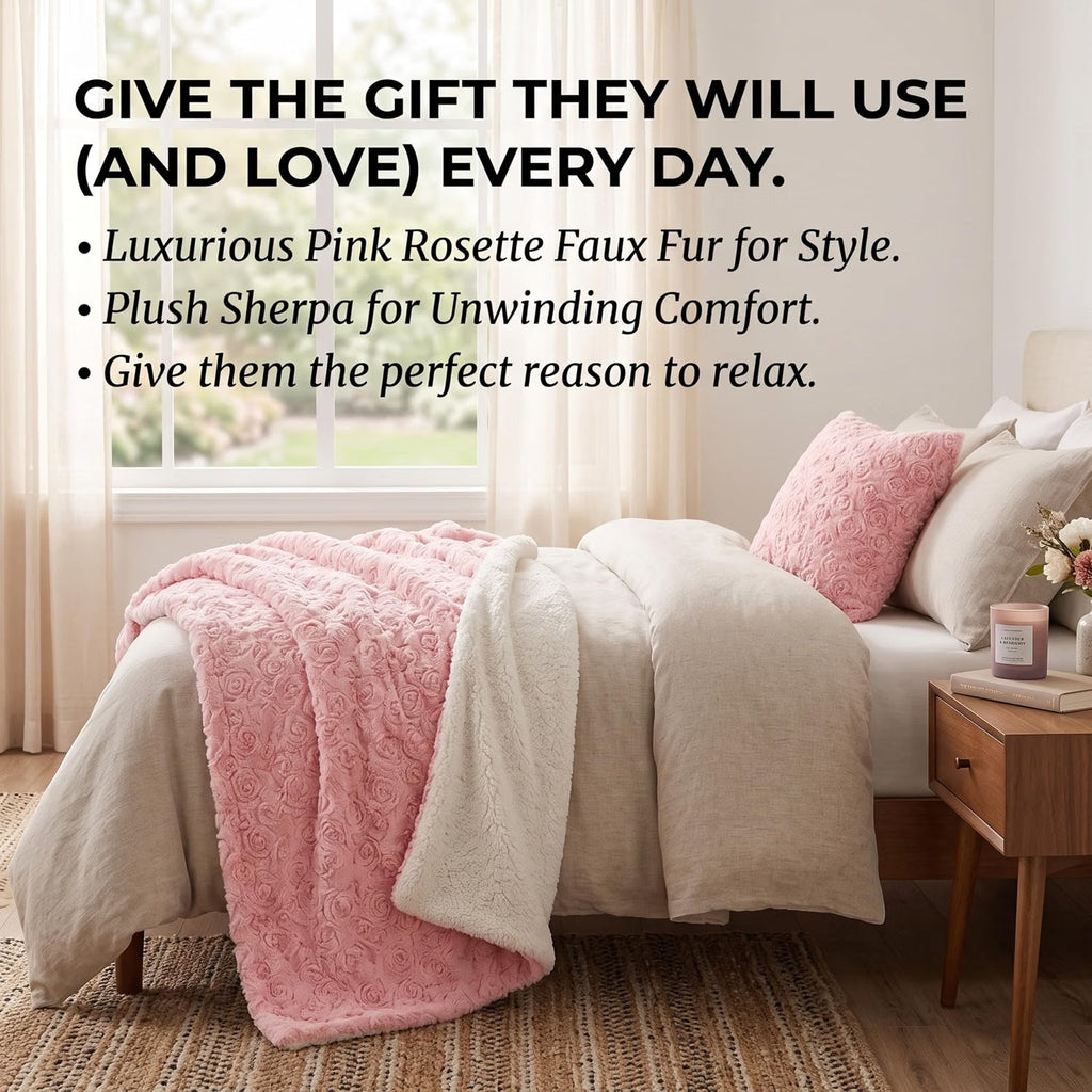 Rose Buds Sherpa Throw Blanket – Pink Floral, Reversible