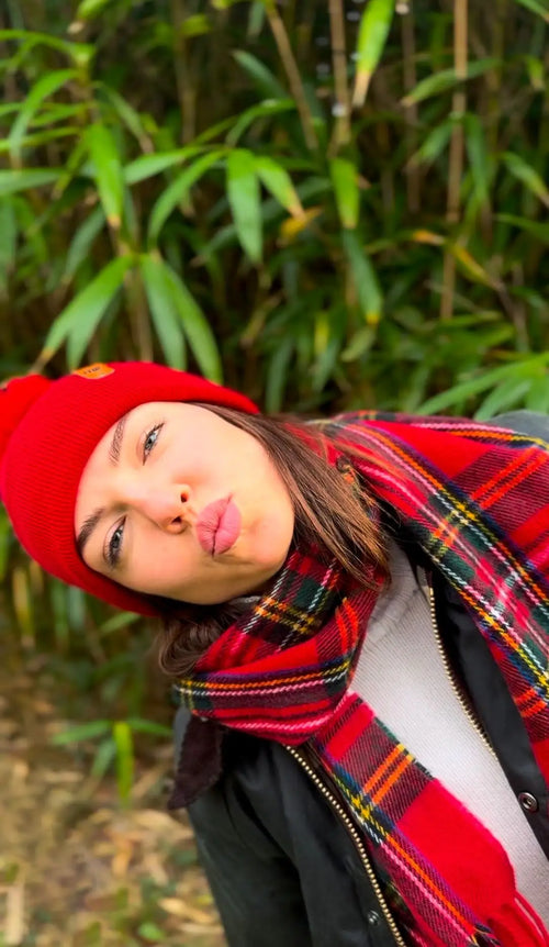 Scarlet red cuffed pom pom beanie, view 2