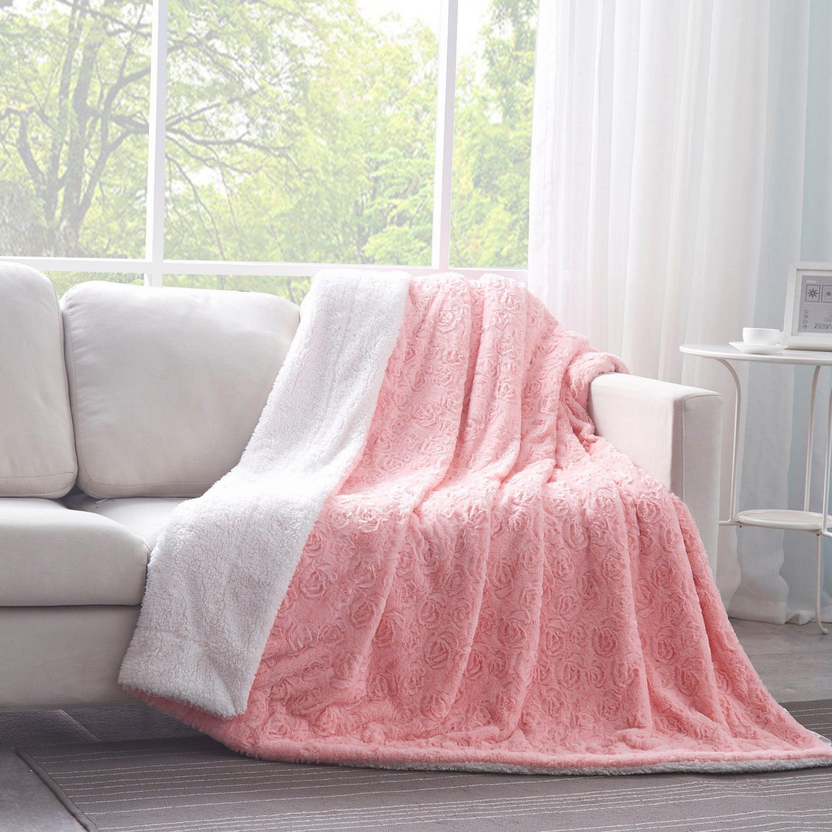 Rose Buds Sherpa Throw Blanket – Pink Floral, Reversible