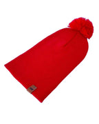 Scarlet red cuffed pom pom beanie, view 8
