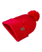Scarlet red cuffed pom pom beanie, view 7
