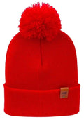 Scarlet red cuffed pom pom beanie, view 5