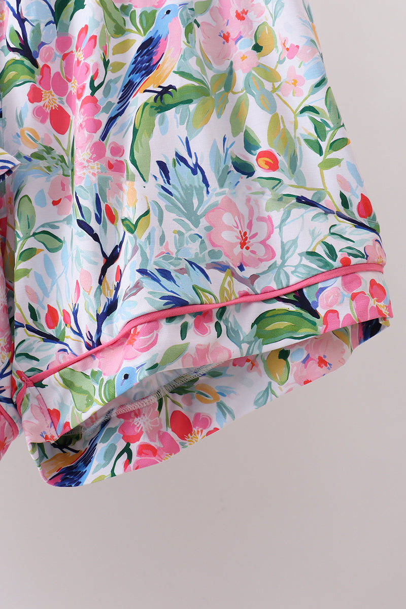 Pink floral bamboo pajamas, pants detail