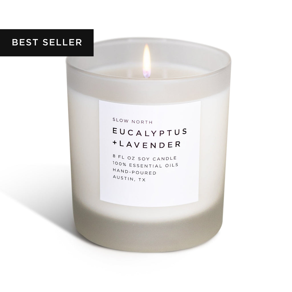 Eucalyptus and lavender soy candle in frosted glass
