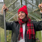 Scarlet red cuffed pom pom beanie