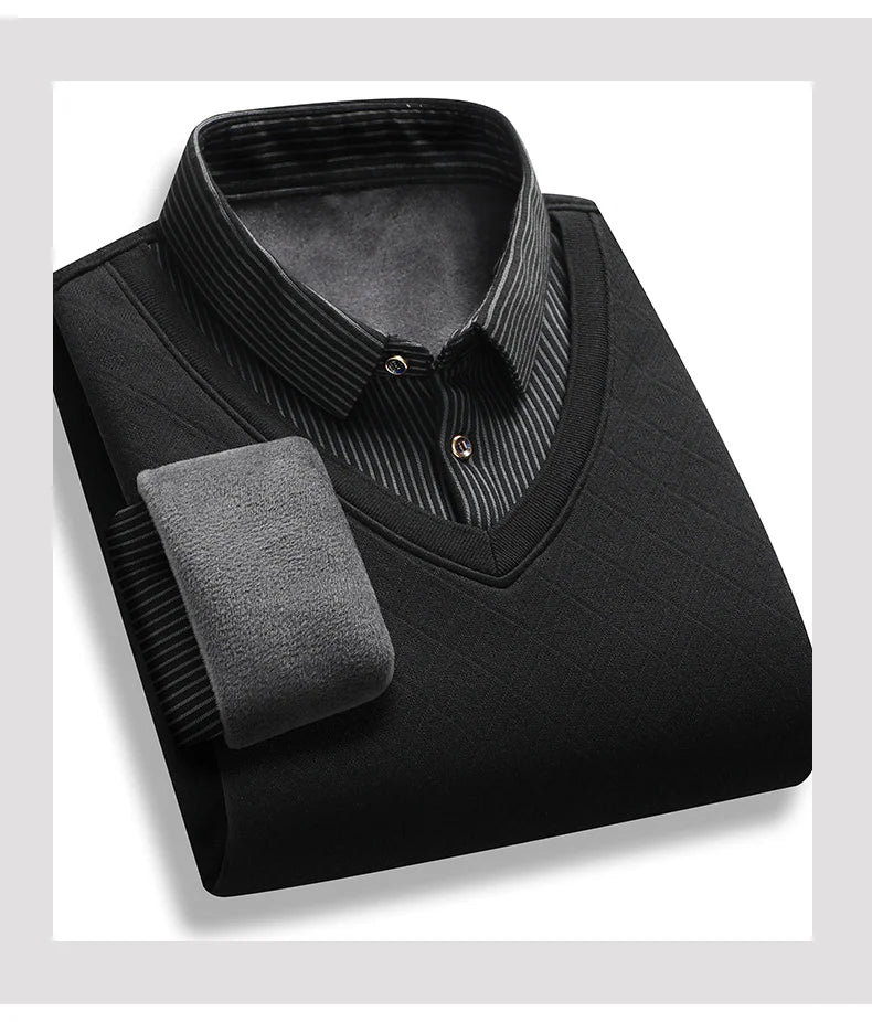 Men's Fleece-Lined Knit Pullover – Striped Polo Neck Sweater