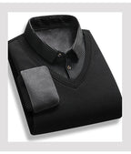 Men's Fleece-Lined Knit Pullover – Striped Polo Neck Sweater