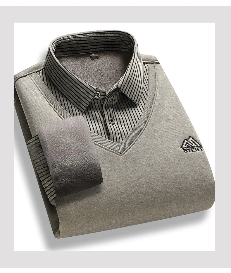 Men's Fleece-Lined Knit Pullover – Striped Polo Neck Sweater