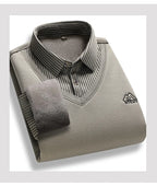 Men's Fleece-Lined Knit Pullover – Striped Polo Neck Sweater