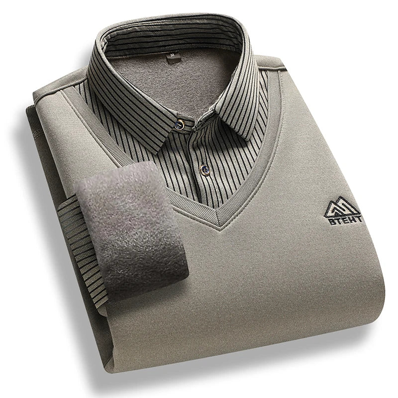Men's Fleece-Lined Knit Pullover – Striped Polo Neck Sweater