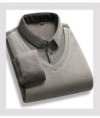 Men's Fleece-Lined Knit Pullover – Striped Polo Neck Sweater