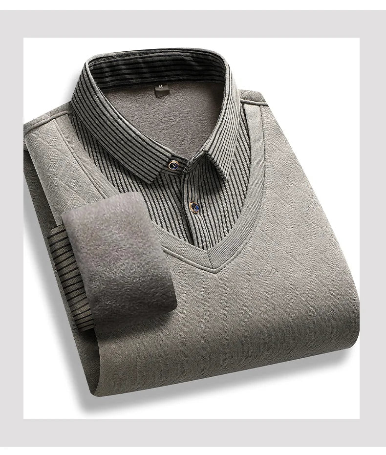 Men's Fleece-Lined Knit Pullover – Striped Polo Neck Sweater