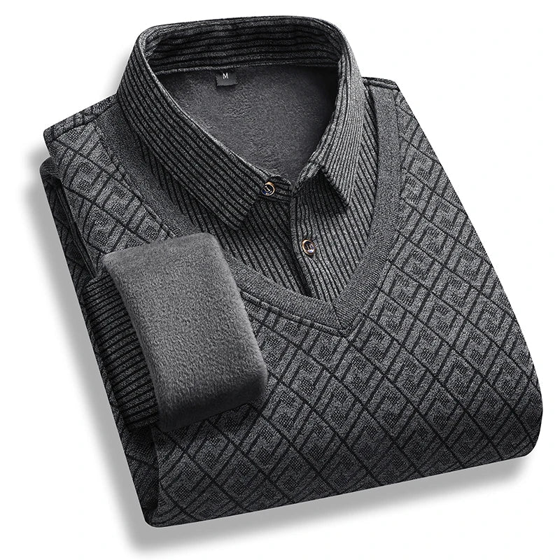 Men's Fleece-Lined Knit Pullover – Striped Polo Neck Sweater