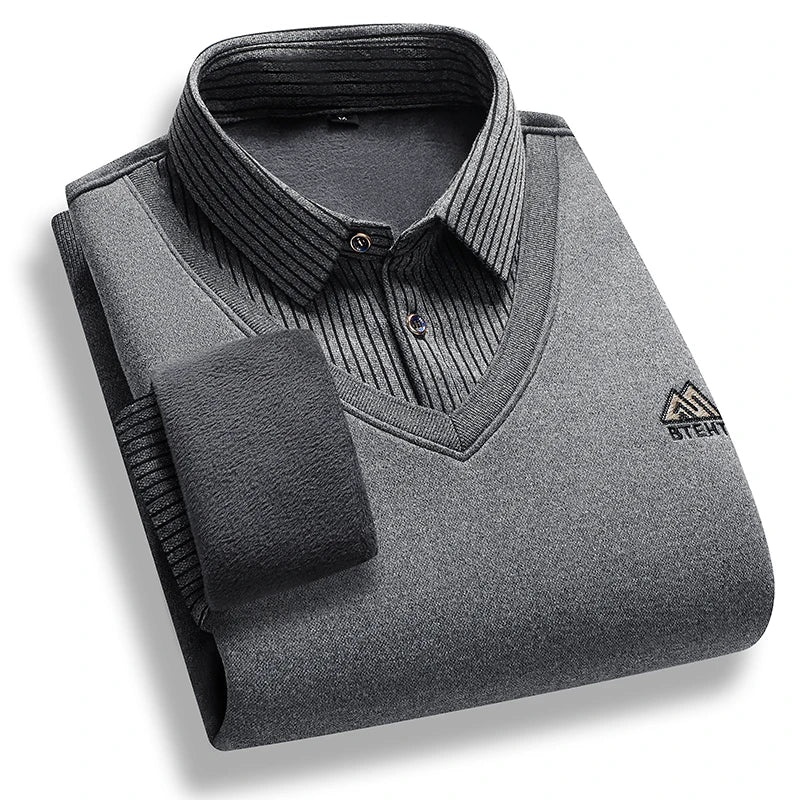 Men's Fleece-Lined Knit Pullover – Striped Polo Neck Sweater
