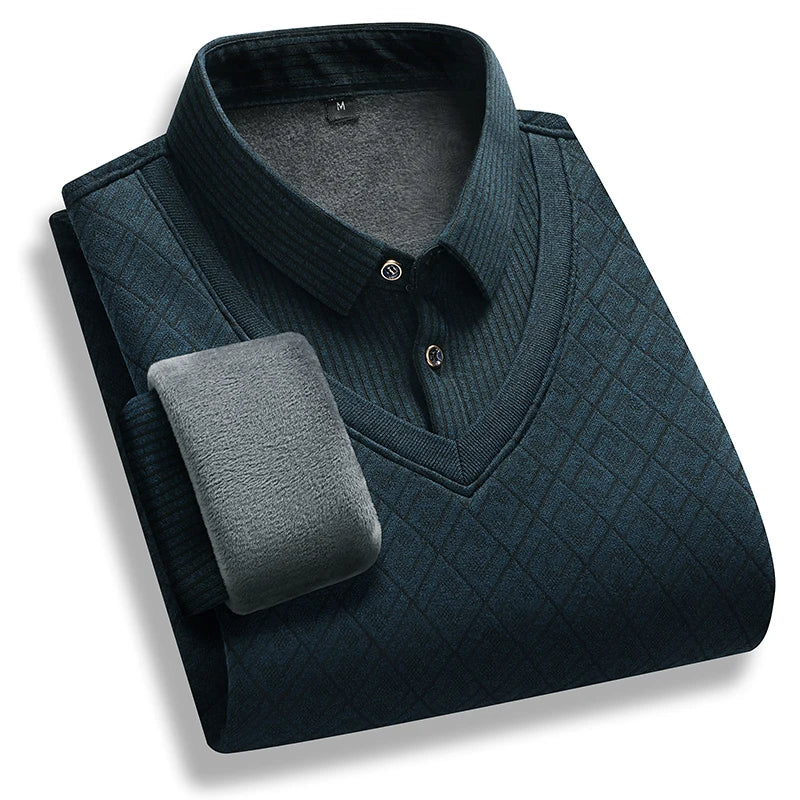 Men's Fleece-Lined Knit Pullover – Striped Polo Neck Sweater