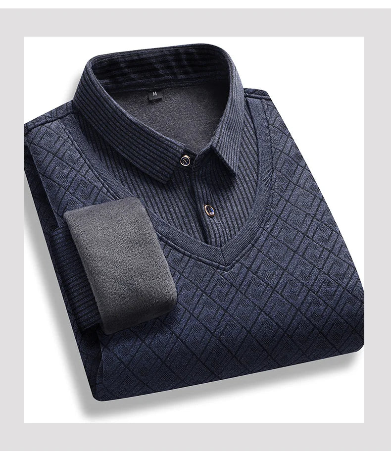 Men's Fleece-Lined Knit Pullover – Striped Polo Neck Sweater