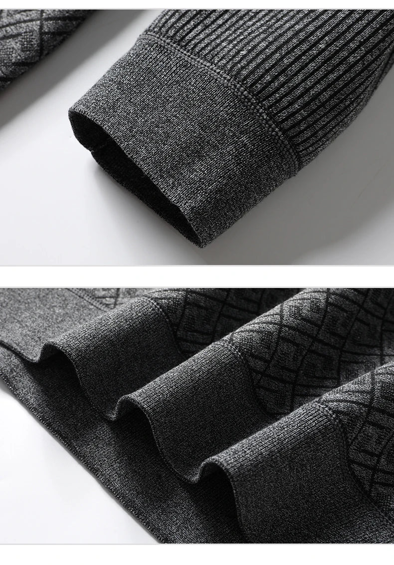 Men's Fleece-Lined Knit Pullover – Striped Polo Neck Sweater