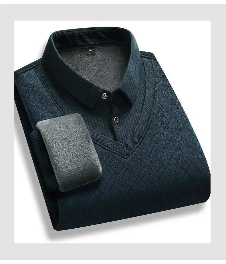 Men's Fleece-Lined Knit Pullover – Striped Polo Neck Sweater