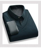 Men's Fleece-Lined Knit Pullover – Striped Polo Neck Sweater