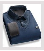 Men's Fleece-Lined Knit Pullover – Striped Polo Neck Sweater