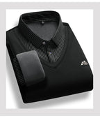 Men's Fleece-Lined Knit Pullover – Striped Polo Neck Sweater