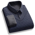 Men's Fleece-Lined Knit Pullover – Striped Polo Neck Sweater
