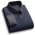 Men's Fleece-Lined Knit Pullover – Striped Polo Neck Sweater