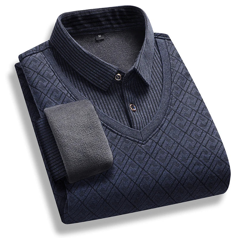 Men's Fleece-Lined Knit Pullover – Striped Polo Neck Sweater