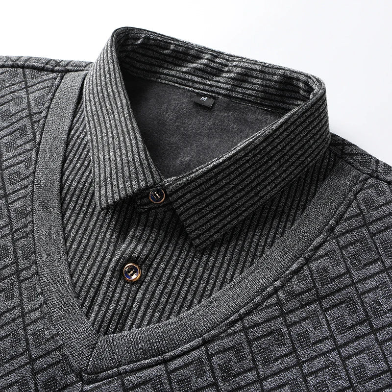Men's Fleece-Lined Knit Pullover – Striped Polo Neck Sweater